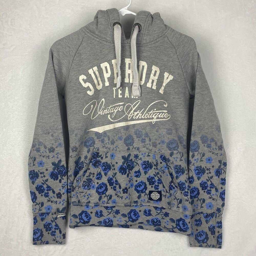Super Dry Sweater Womens Small Gray Floral Hoodie Pockets Pullover Casual